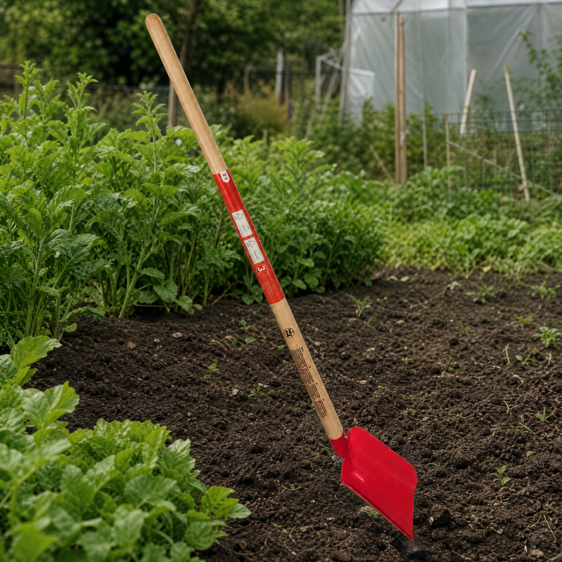 Azada de cabeza roja con mango largo para jardinería y huerto
