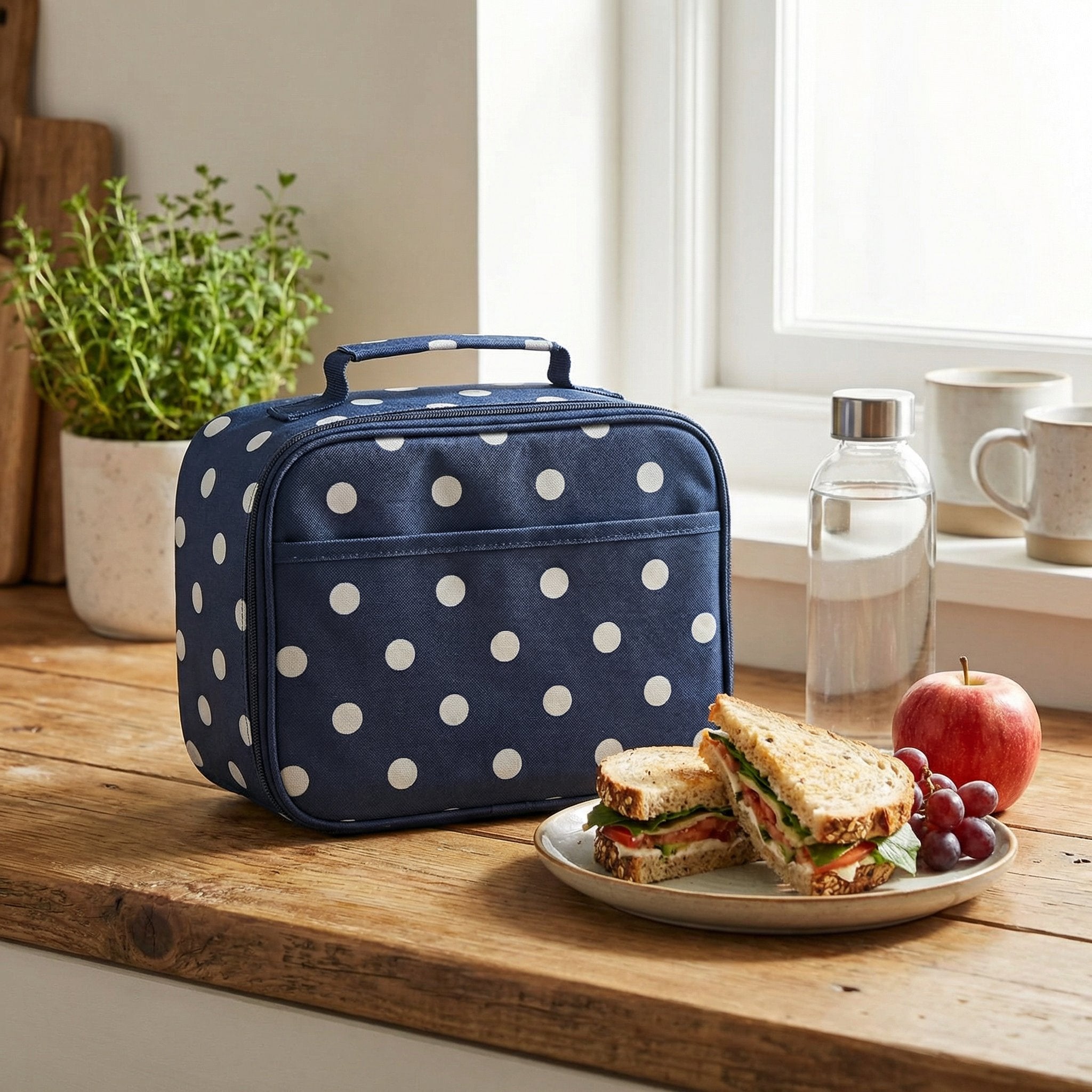 Bolsa Térmica Lunch Bag Lunares Azul y Blanco