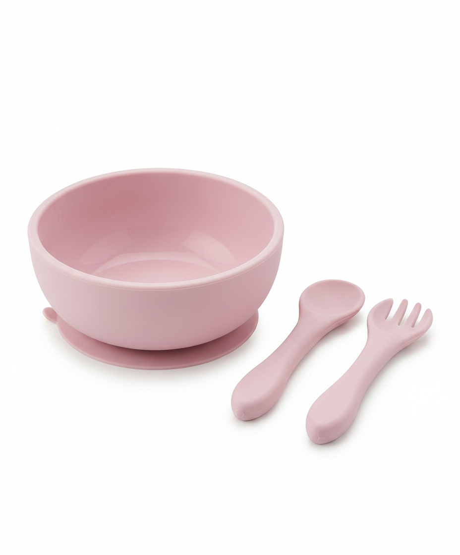 Set Bol Silicona con Ventosa + Cuchara y Tenedor Bebé Rosa
