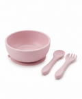 Set Bol Silicona con Ventosa + Cuchara y Tenedor Bebé Rosa
