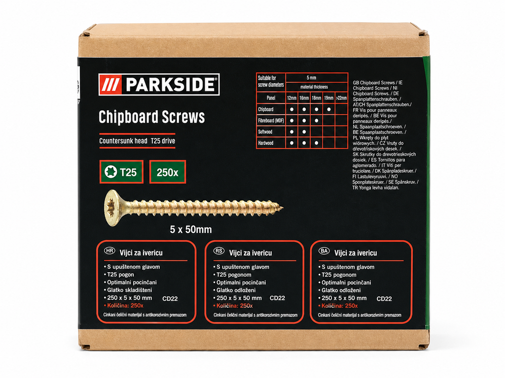 Parkside Surtido de tornillos para aglomerado, fácil inserción y formato organizado
