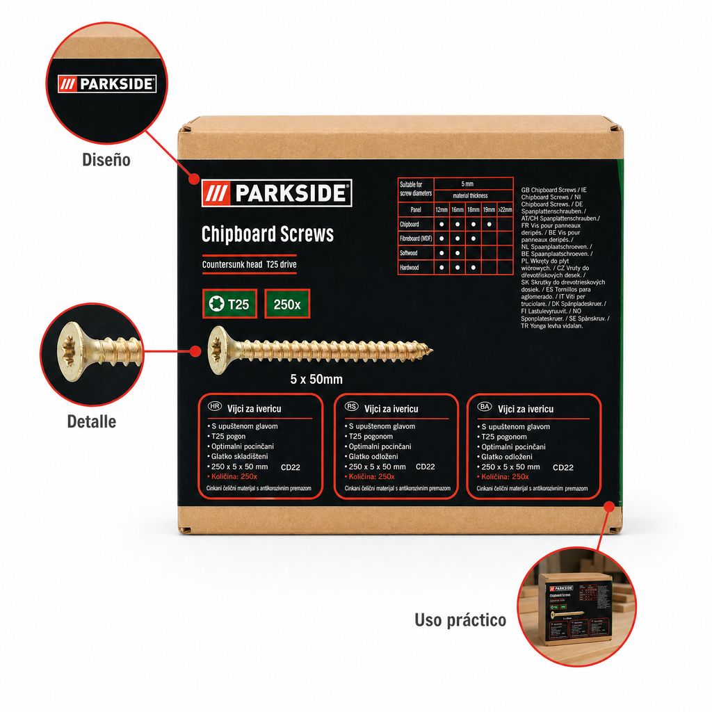 Parkside Surtido de tornillos para aglomerado, fácil inserción y formato organizado