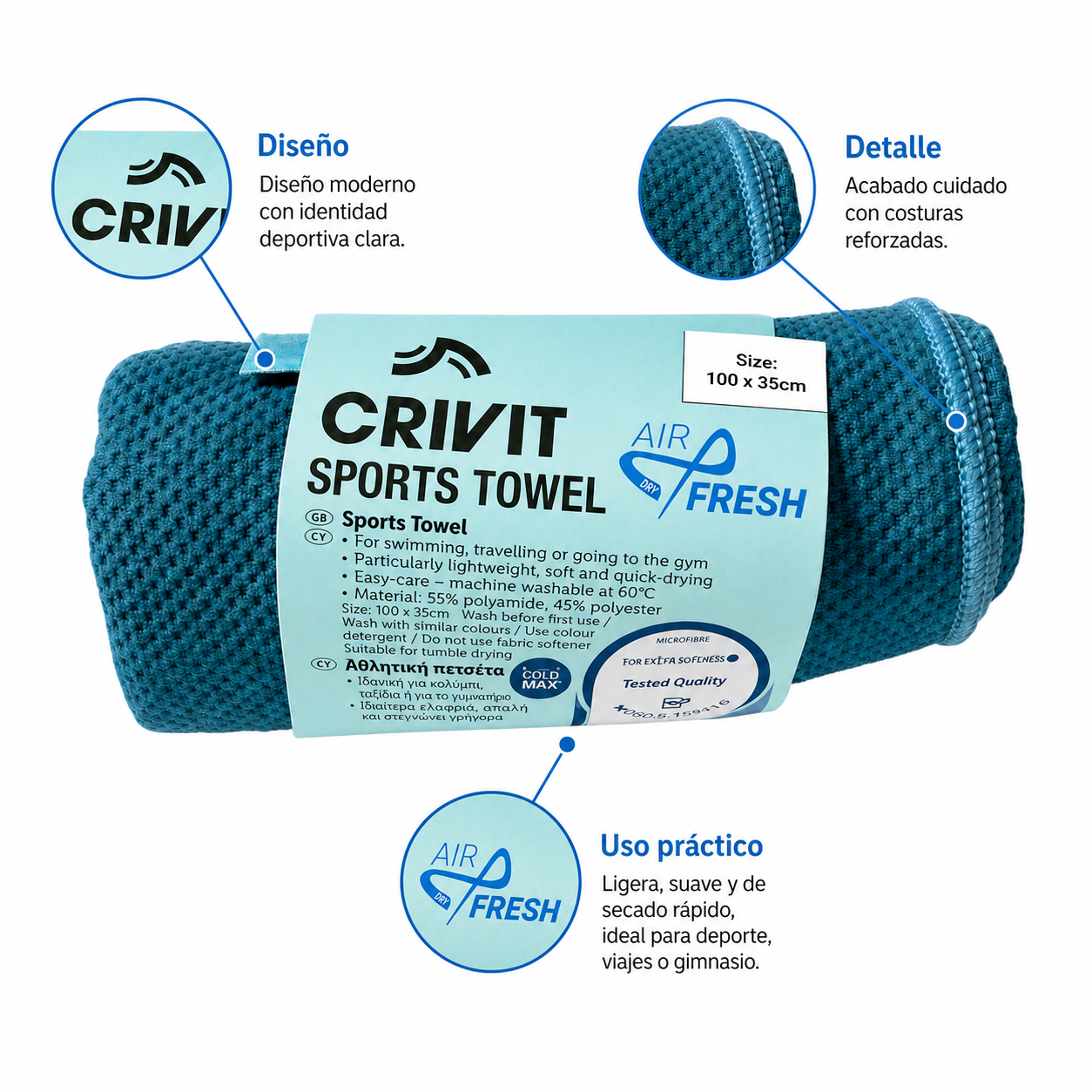 Crivit Air & Fresh toalla deportiva secado rápido ligera y compacta azul y verde