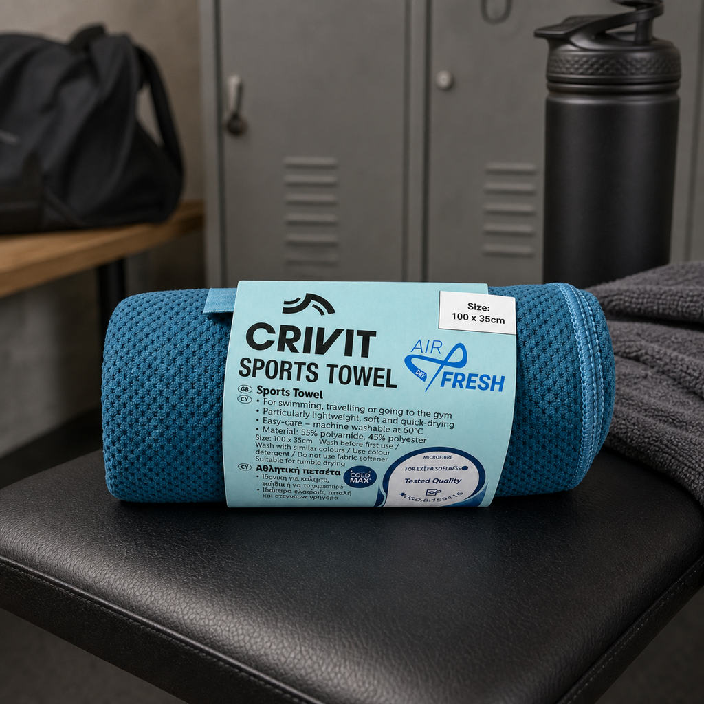 Crivit Air & Fresh toalla deportiva secado rápido ligera y compacta azul y verde