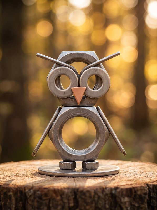 Figura Artesanal de Metal — Búho con Pico de Cobre