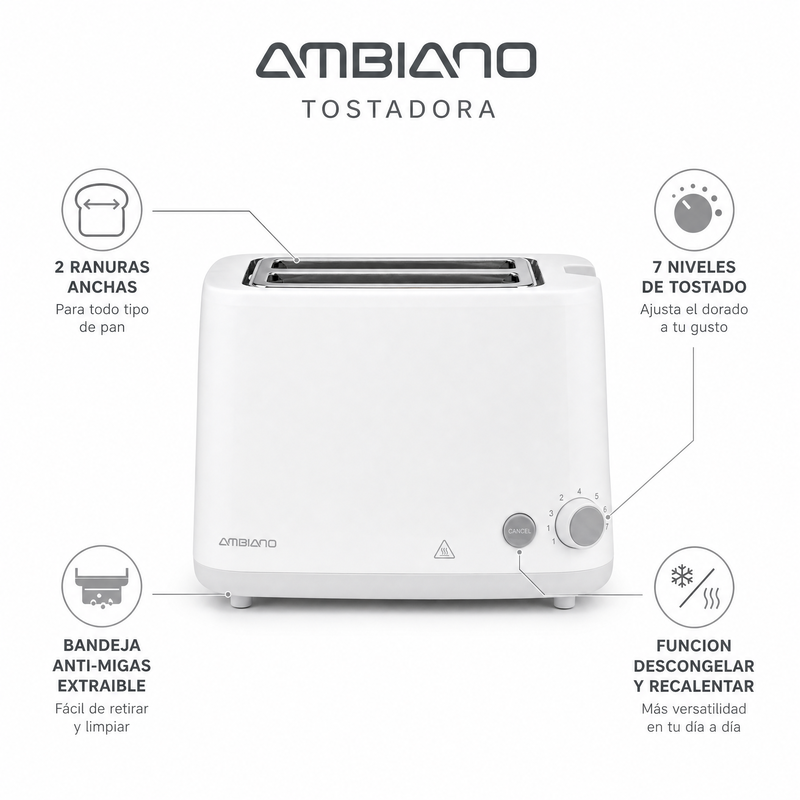 Tostadora 2 Ranuras Ambiano | Blanca 820-980W