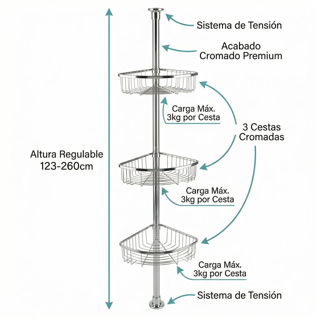 Estantería Telescópica de Baño Cromada con 3 Cestas (123-260cm) - Livarno