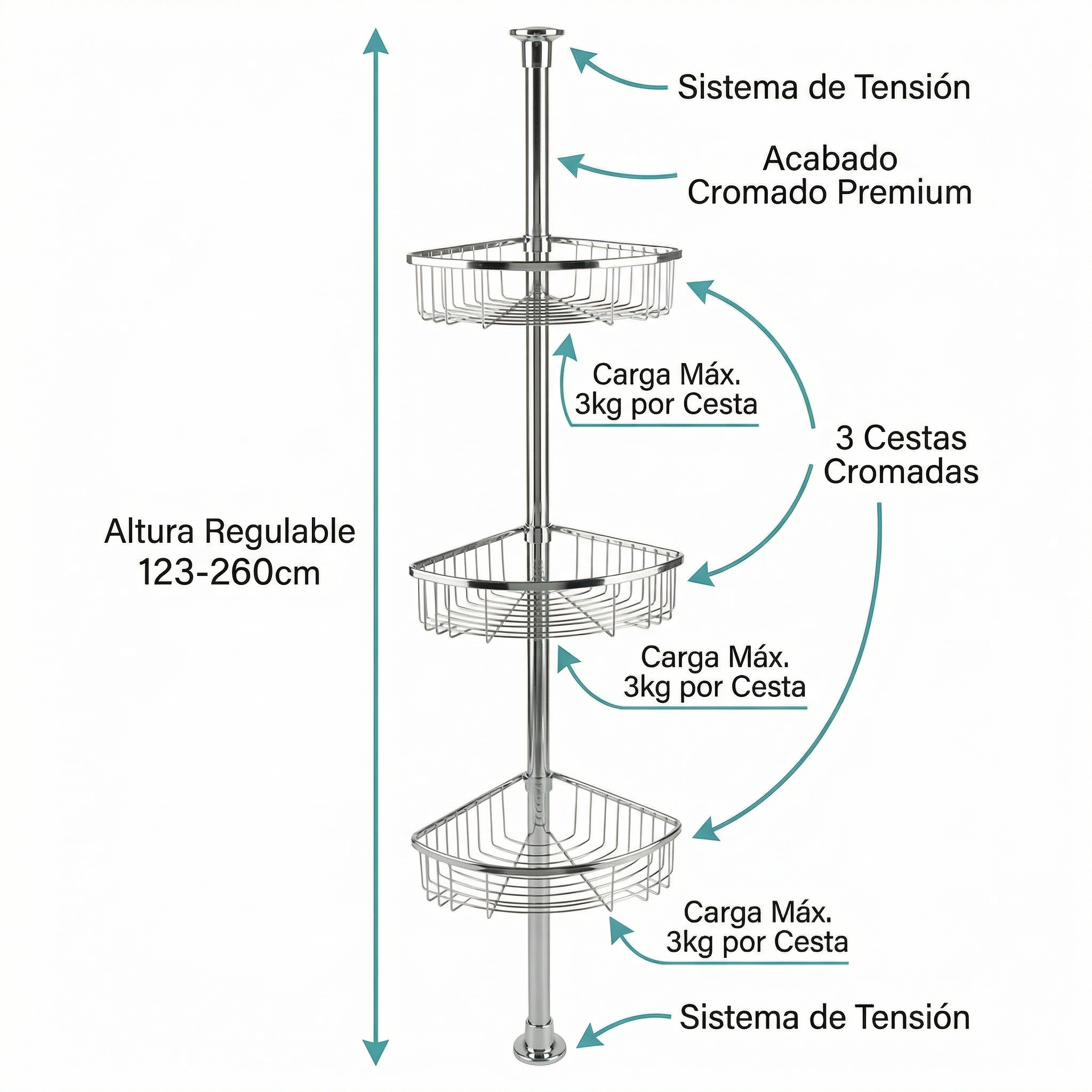 Estantería Telescópica de Baño Cromada con 3 Cestas (123-260cm) - Livarno