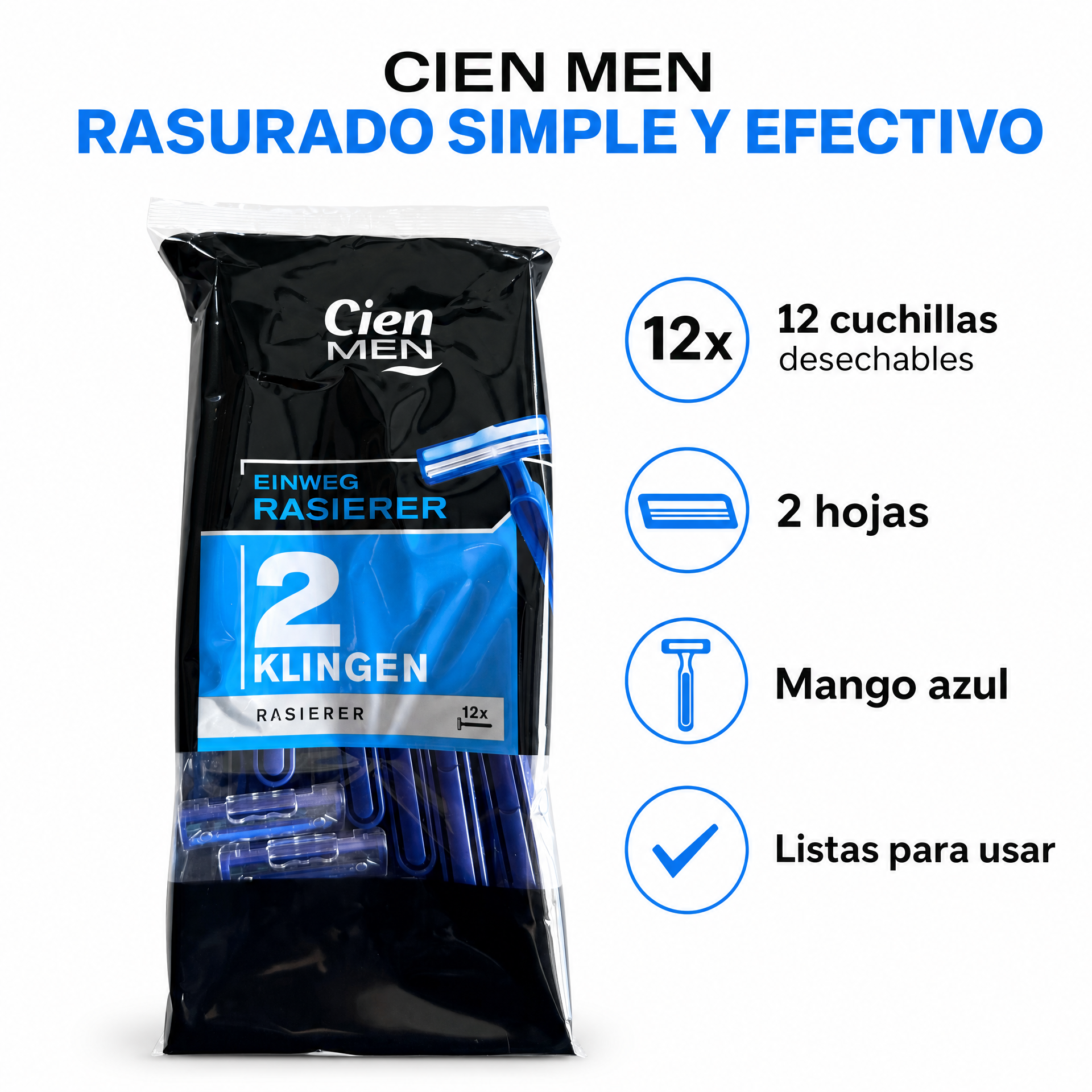 Características del pack Cien Men de cuchillas desechables