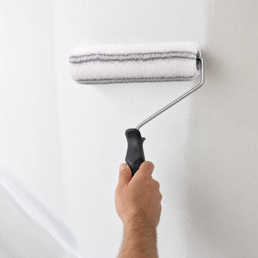 Rodillo de pintura cubierta blanca con rayas grises, eje metálico en L y mango negro