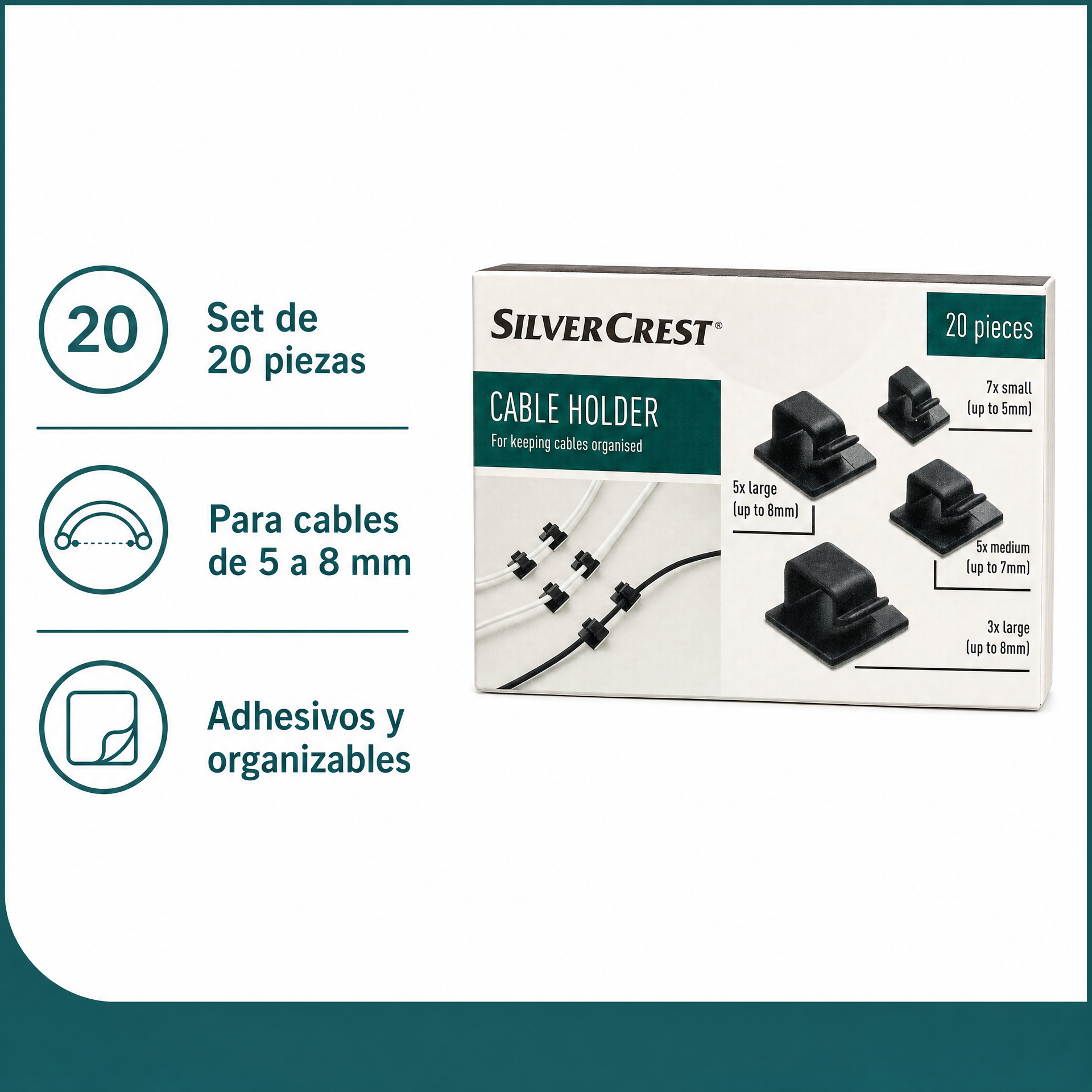 SilverCrest Set de 20 Organizadores Adhesivos para Cables