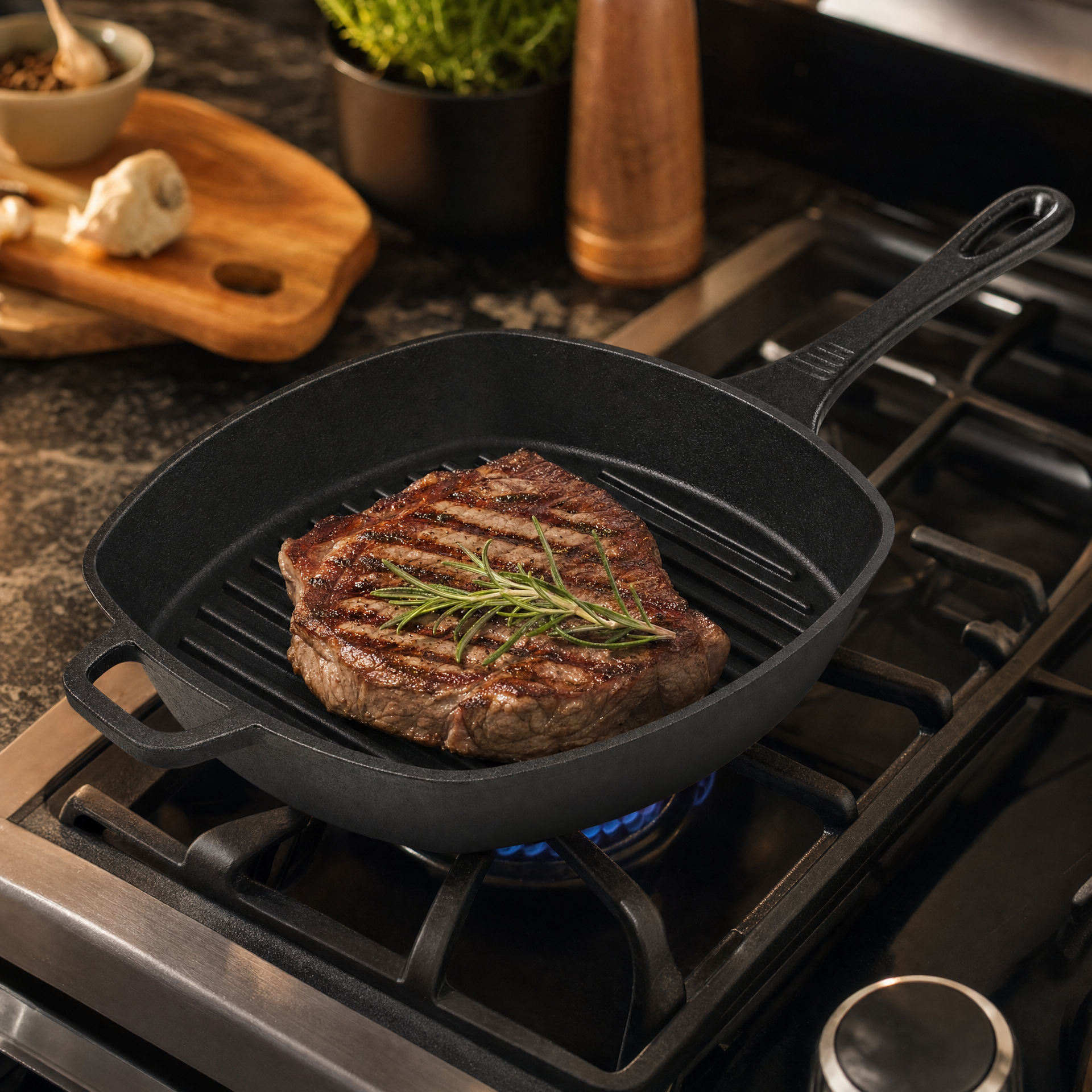 GRILL MEISTER Sartén de hierro fundido con mango integrado y asas laterales
