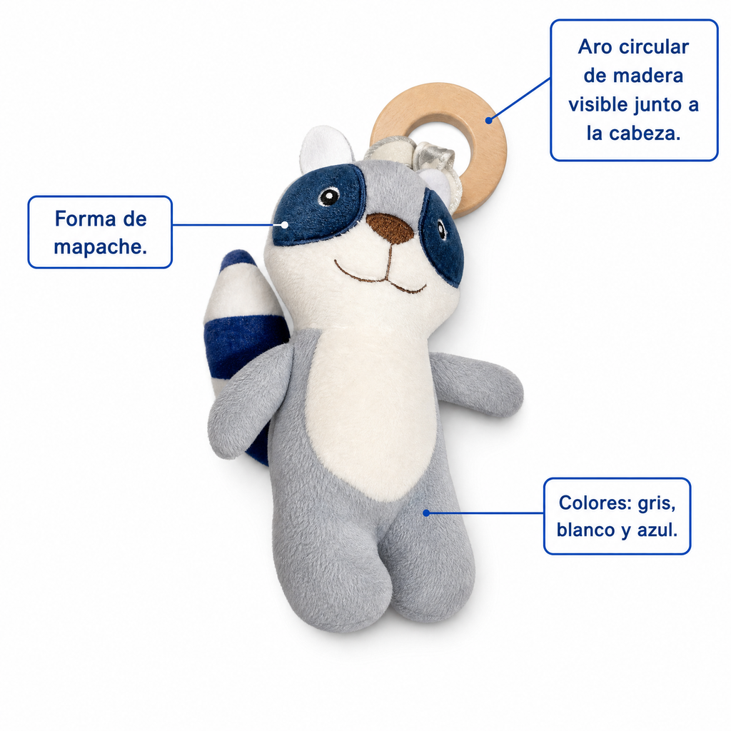 Peluche mapache gris, blanco y azul con aro de madera y cola con franjas azules