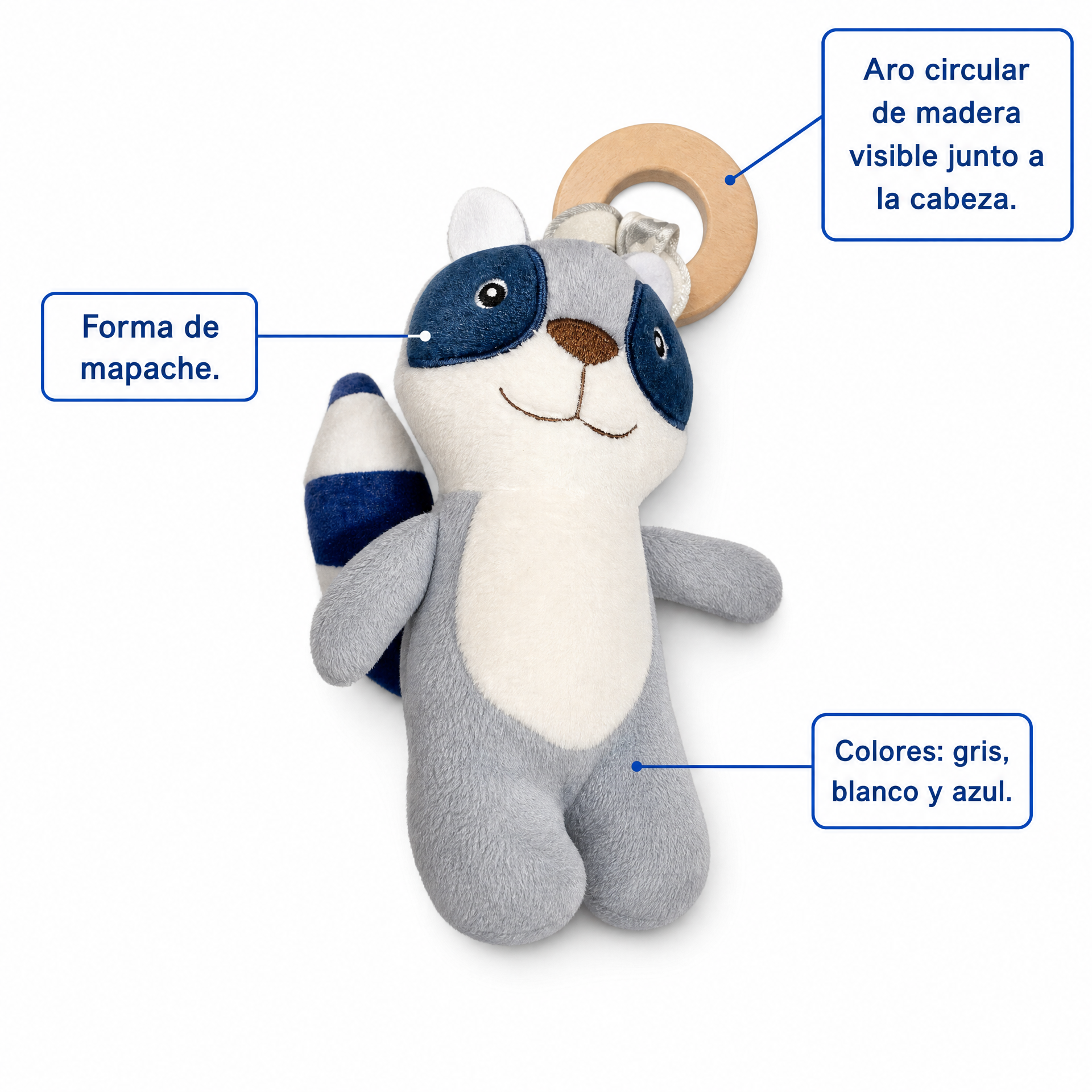 Peluche mapache gris, blanco y azul con aro de madera y cola con franjas azules