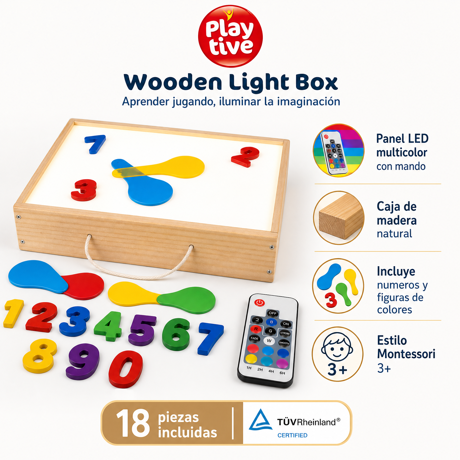 Mesa de Luz Playtive Wooden Light Box — Panel LED Multicolor con Mando a Distancia, 18 Piezas