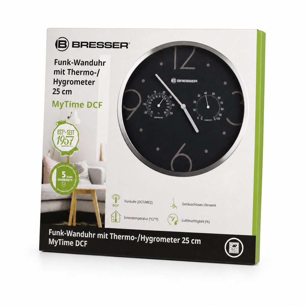 Bresser MyTime Reloj de pared radiocontrolado DCF 25 cm con termómetro e higrómetro