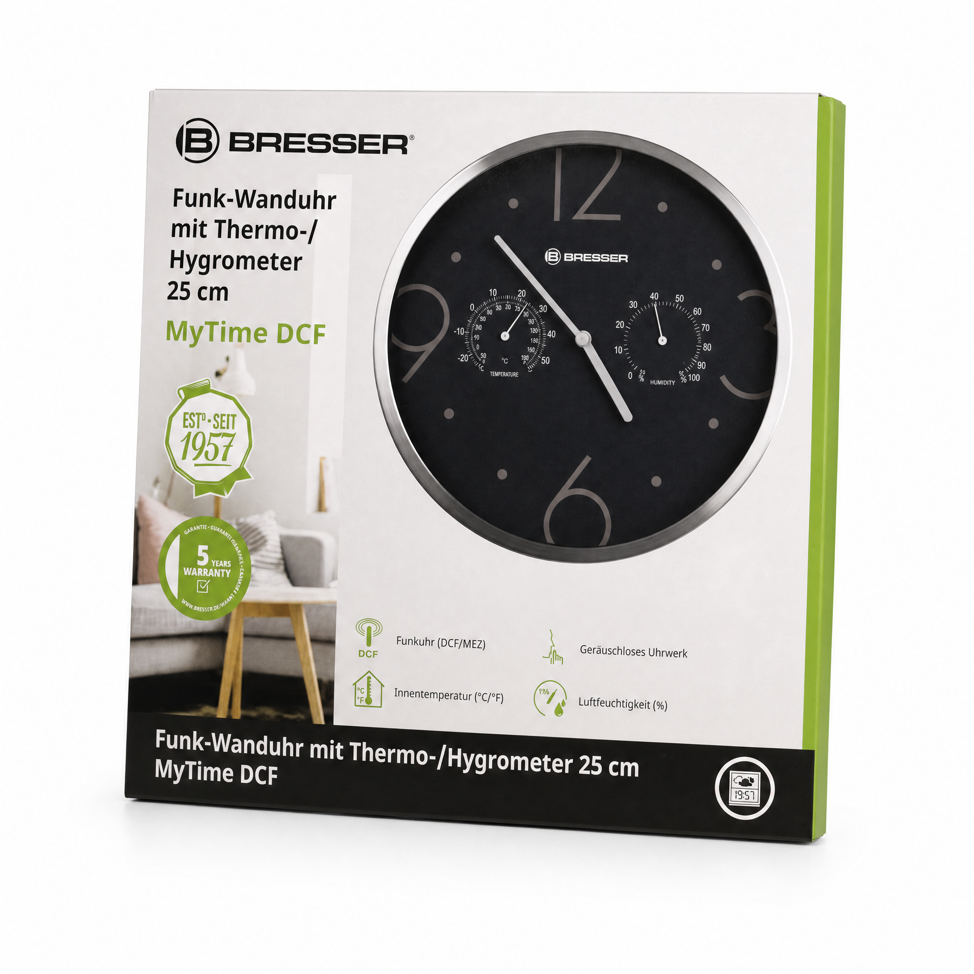 Bresser MyTime Reloj de pared radiocontrolado DCF 25 cm con termómetro e higrómetro