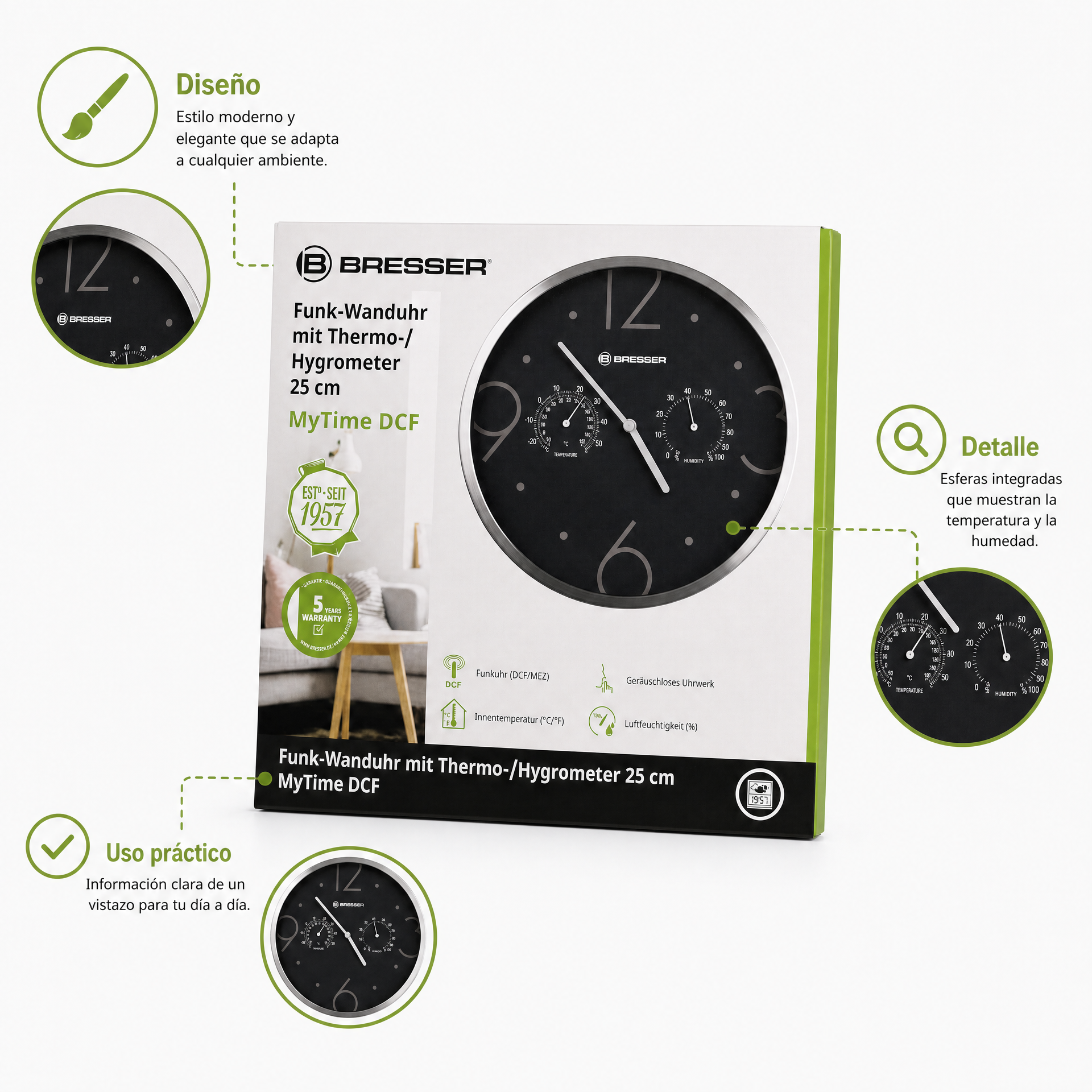 Bresser MyTime Reloj de pared radiocontrolado DCF 25 cm con termómetro e higrómetro