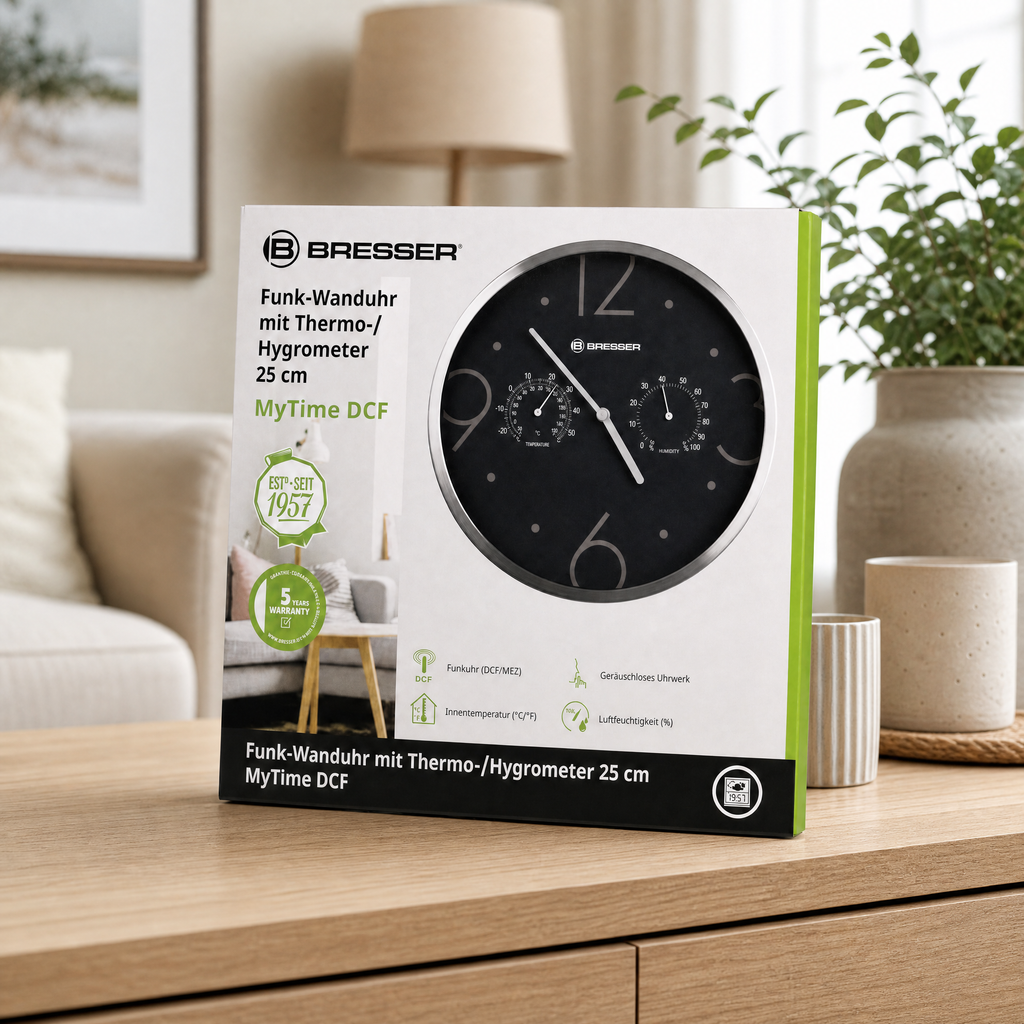 Bresser MyTime Reloj de pared radiocontrolado DCF 25 cm con termómetro e higrómetro