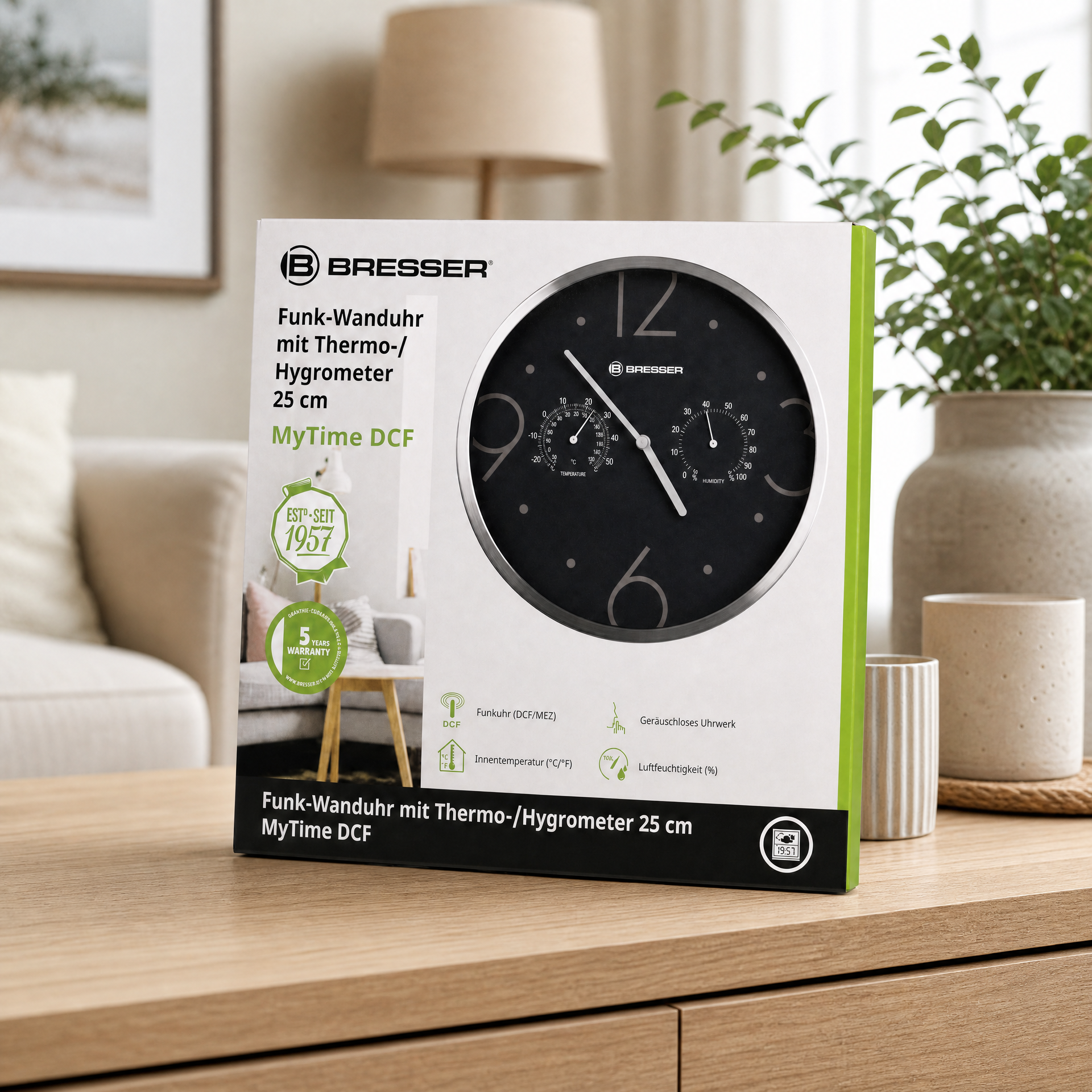 Bresser MyTime Reloj de pared radiocontrolado DCF 25 cm con termómetro e higrómetro