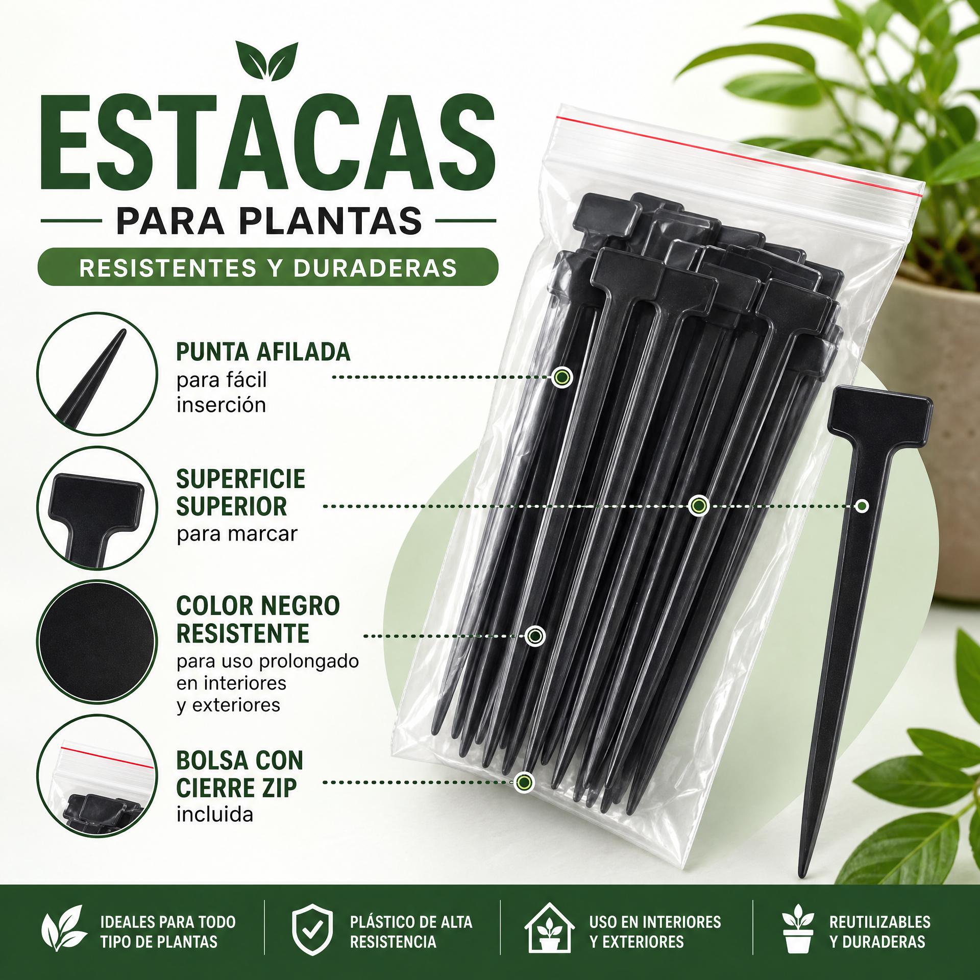 Estacas identificadoras para plantas (sin marca) — negras en bolsa con cierre