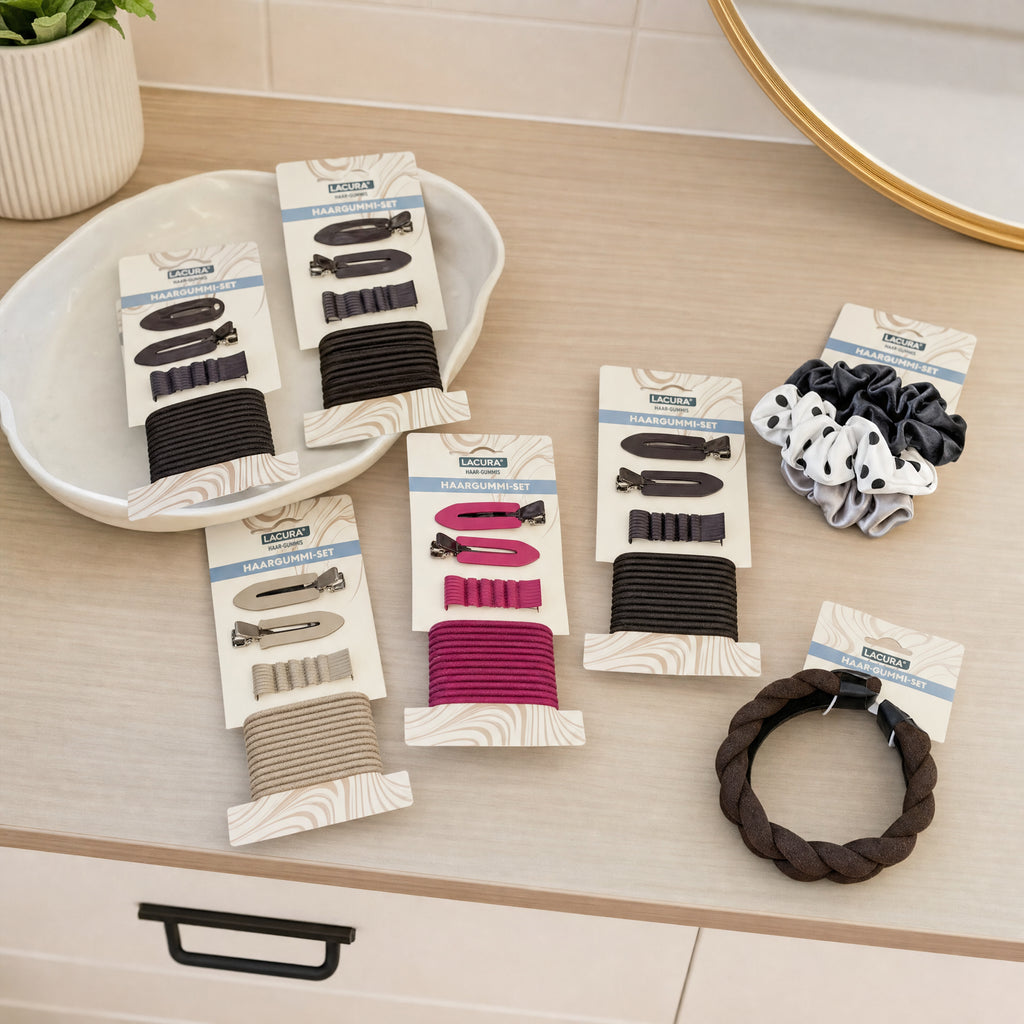 Lacura surtido de accesorios para el cabello: gomas, pinzas, scrunchies y diadema trenzada