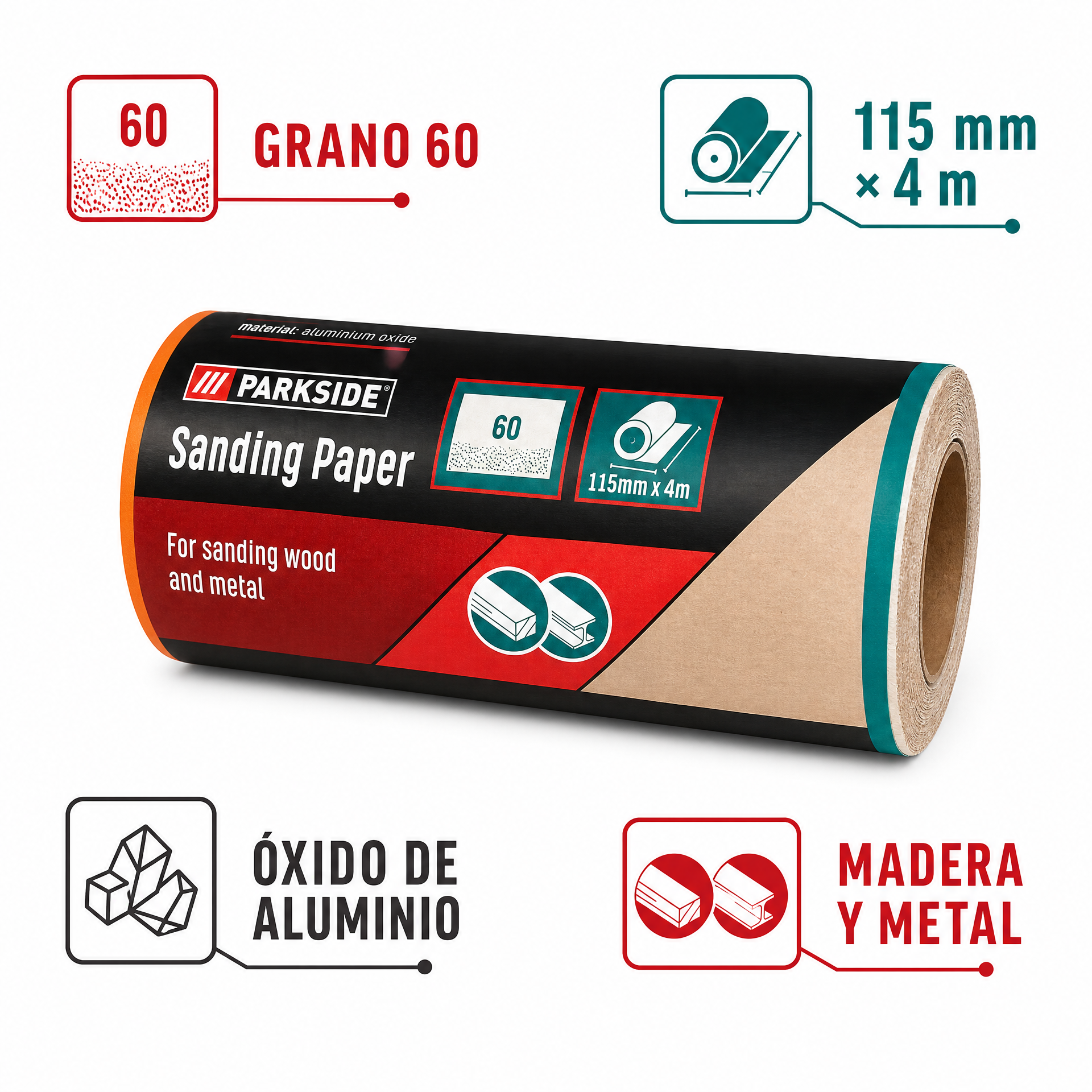 PARKSIDE Rollo de Lija Grano 60, 115 mm × 4 m