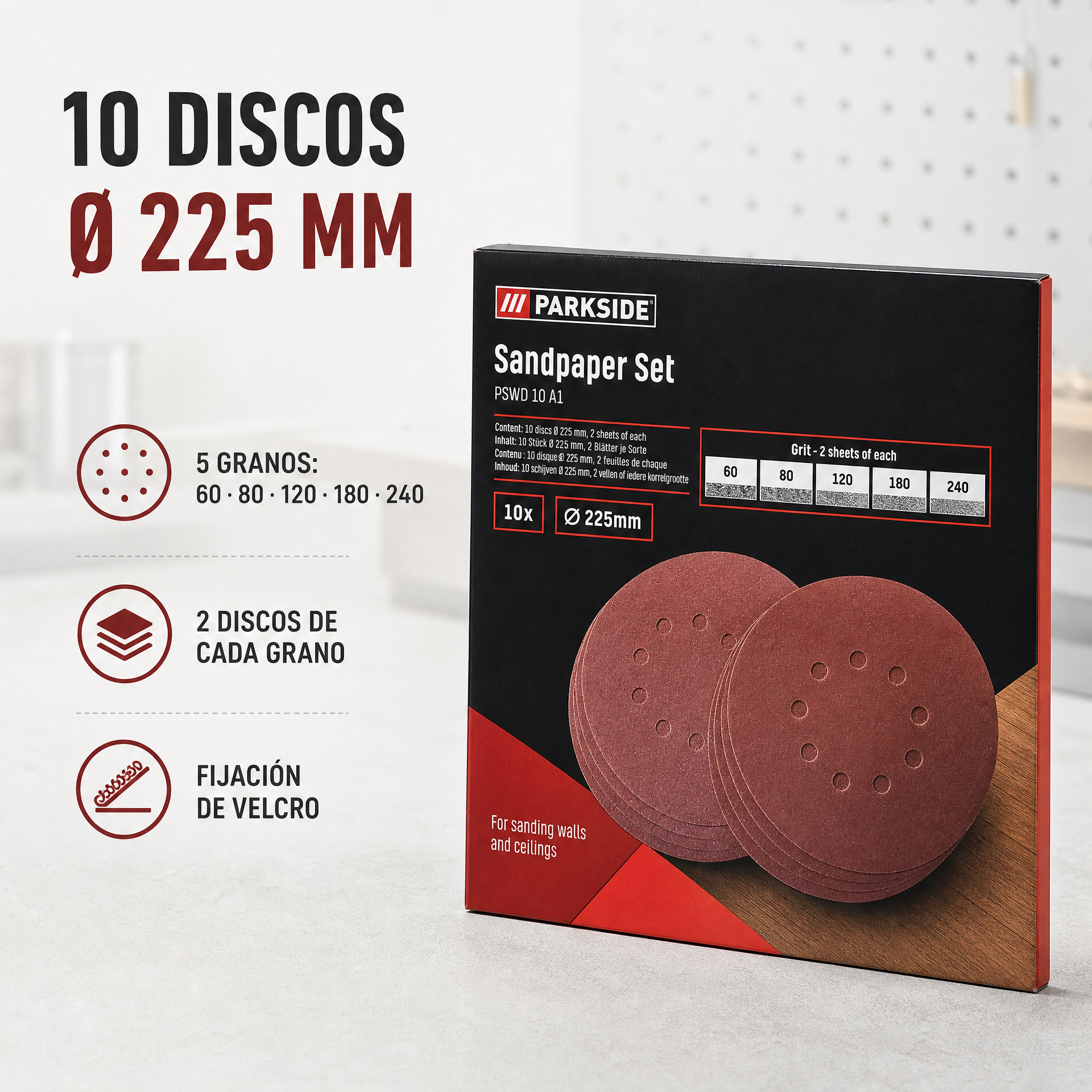 Parkside Set de Discos de Lija Ø 225 mm, 10 Unidades