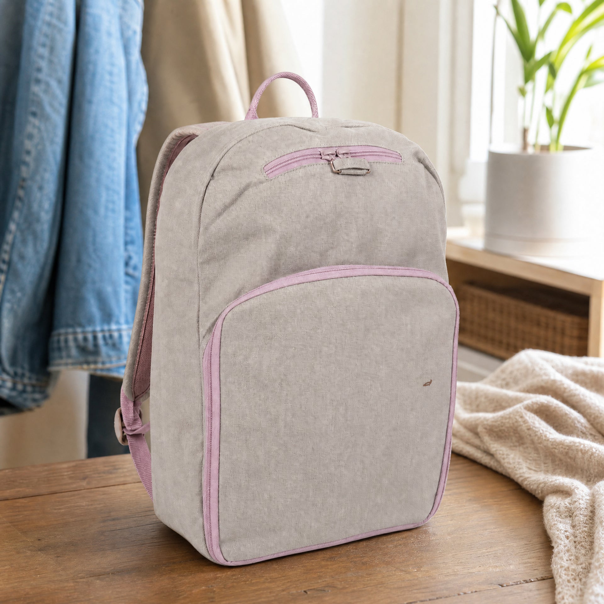 Mochila gris con ribetes y cremalleras rosas, bolsillo frontal y pequeña mancha