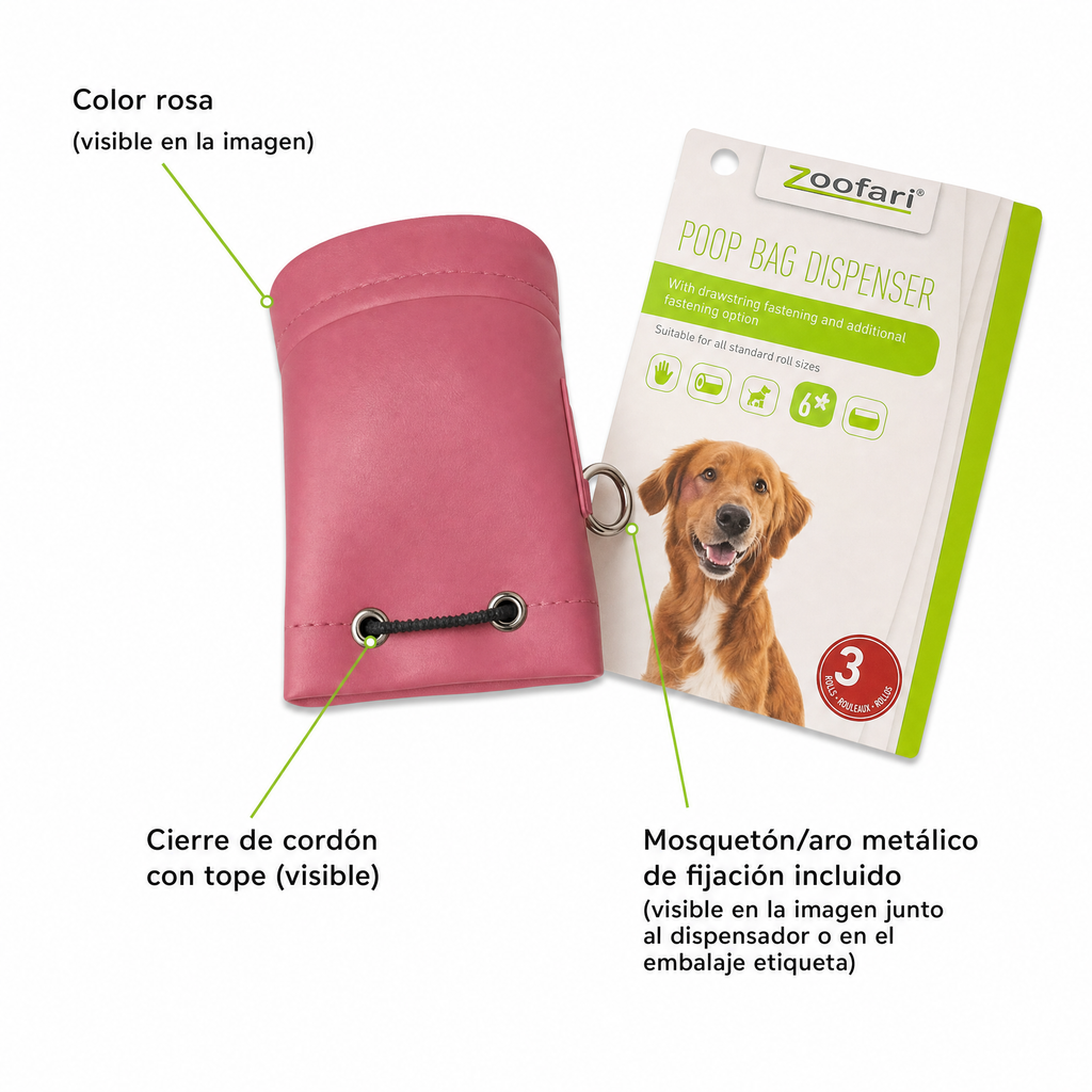 Zoofari dispensador de bolsas para excrementos rosa con cordón, clip metálico y 3 rollos