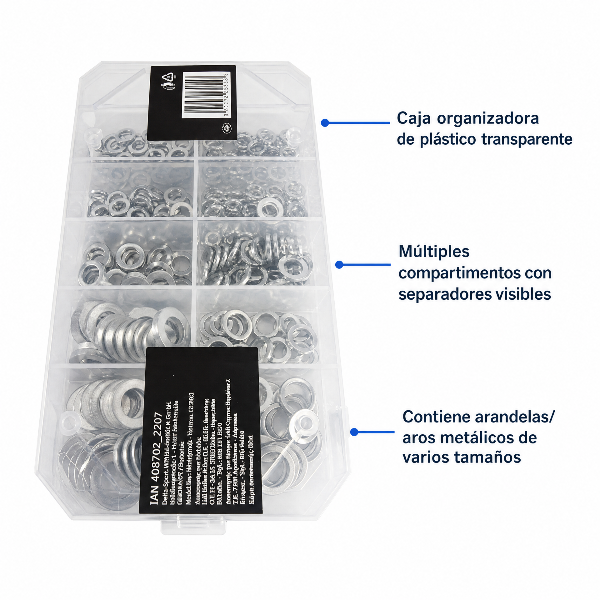 Caja organizadora transparente con compartimentos y arandelas metálicas de distintos tamaños