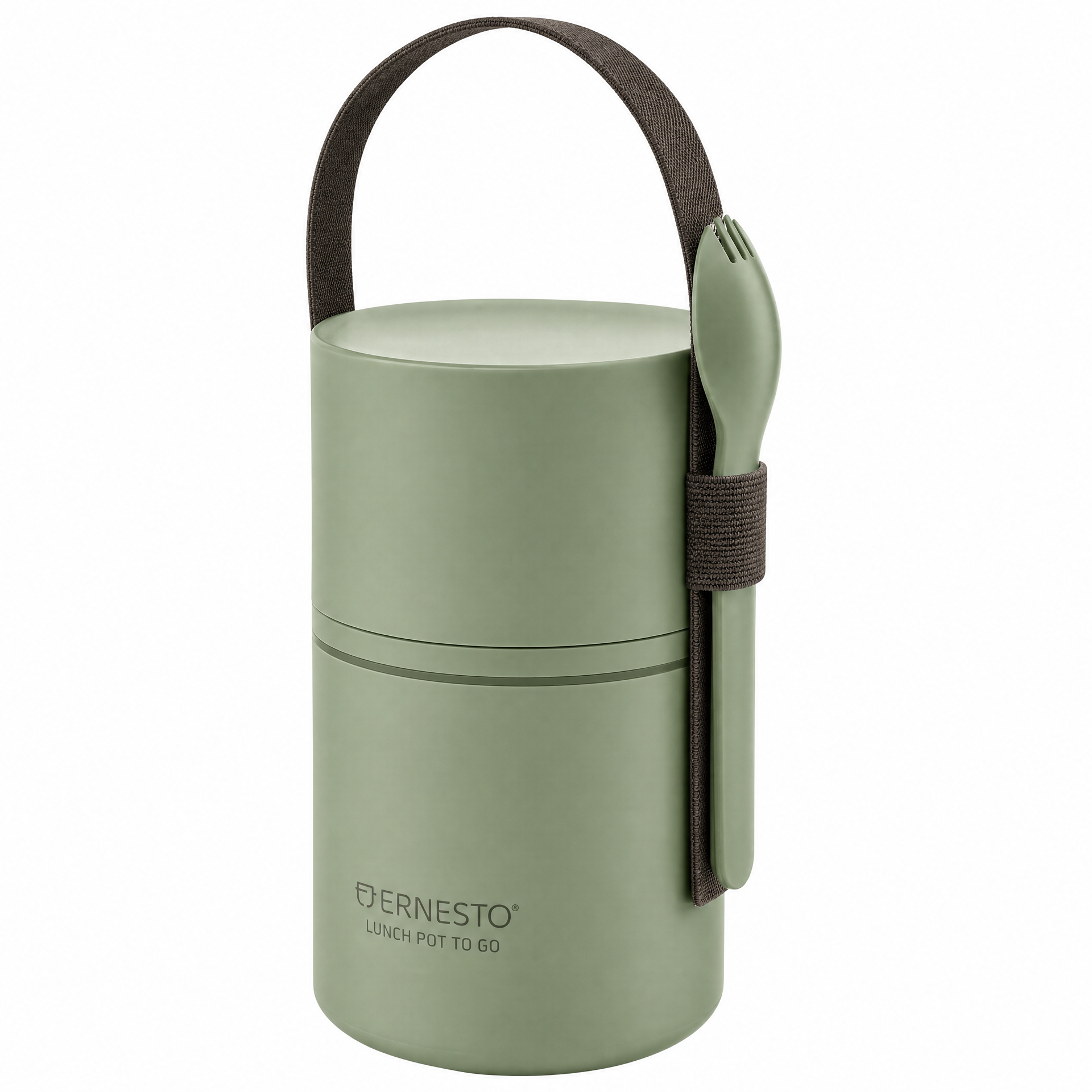 Fiambrera portátil verde con asa, tapa y cubierto acoplado