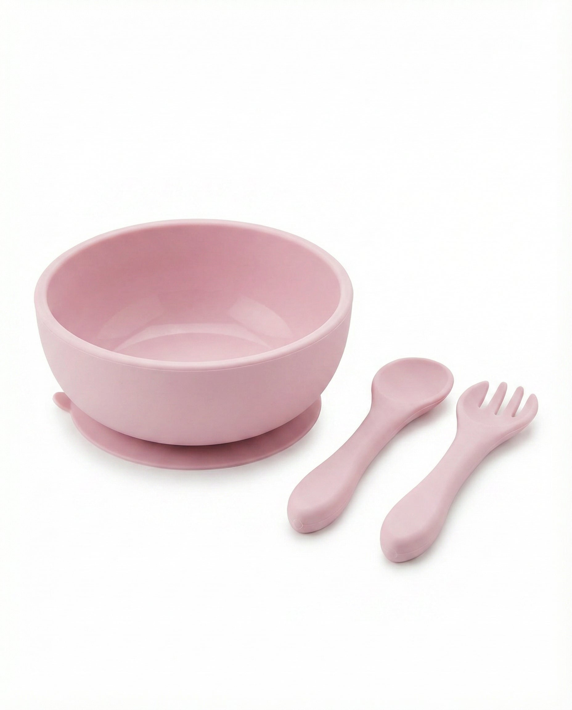 Set Bol Silicona con Ventosa + Cuchara y Tenedor Bebé Rosa
