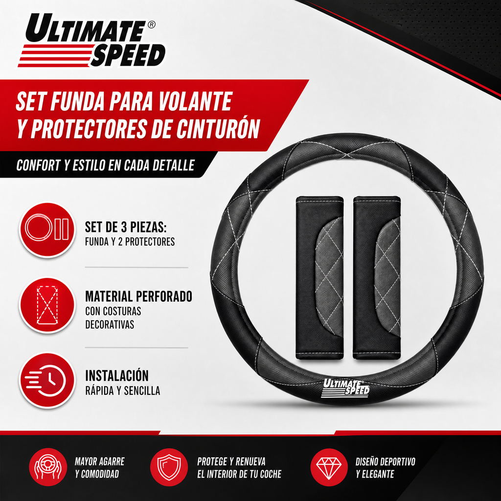 Set de 3: funda de volante y dos protectores de cinturón de seguridad