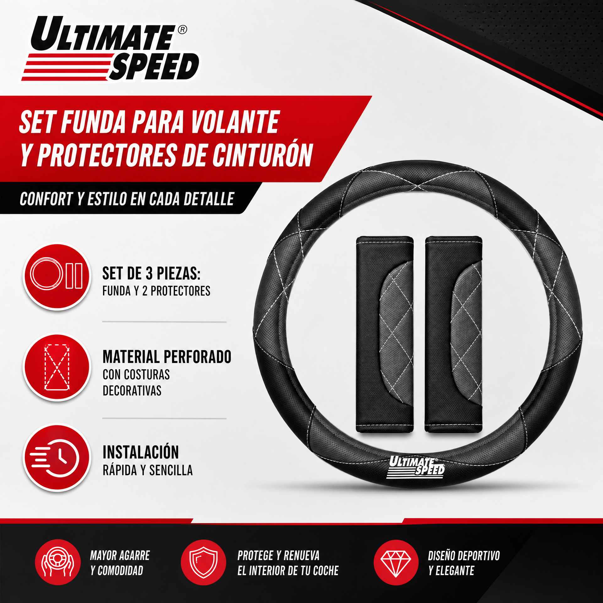 Set de 3: funda de volante y dos protectores de cinturón de seguridad