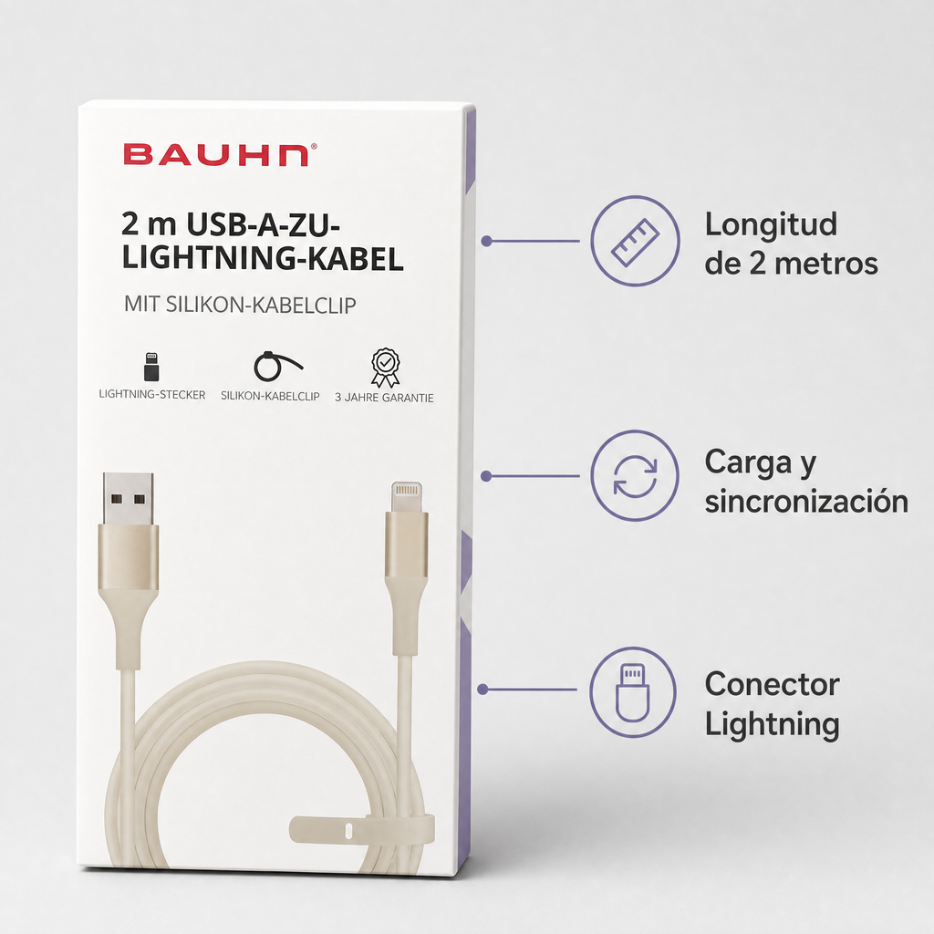 Bauhn Cable USB-A a Lightning 2 m resistente para carga y datos