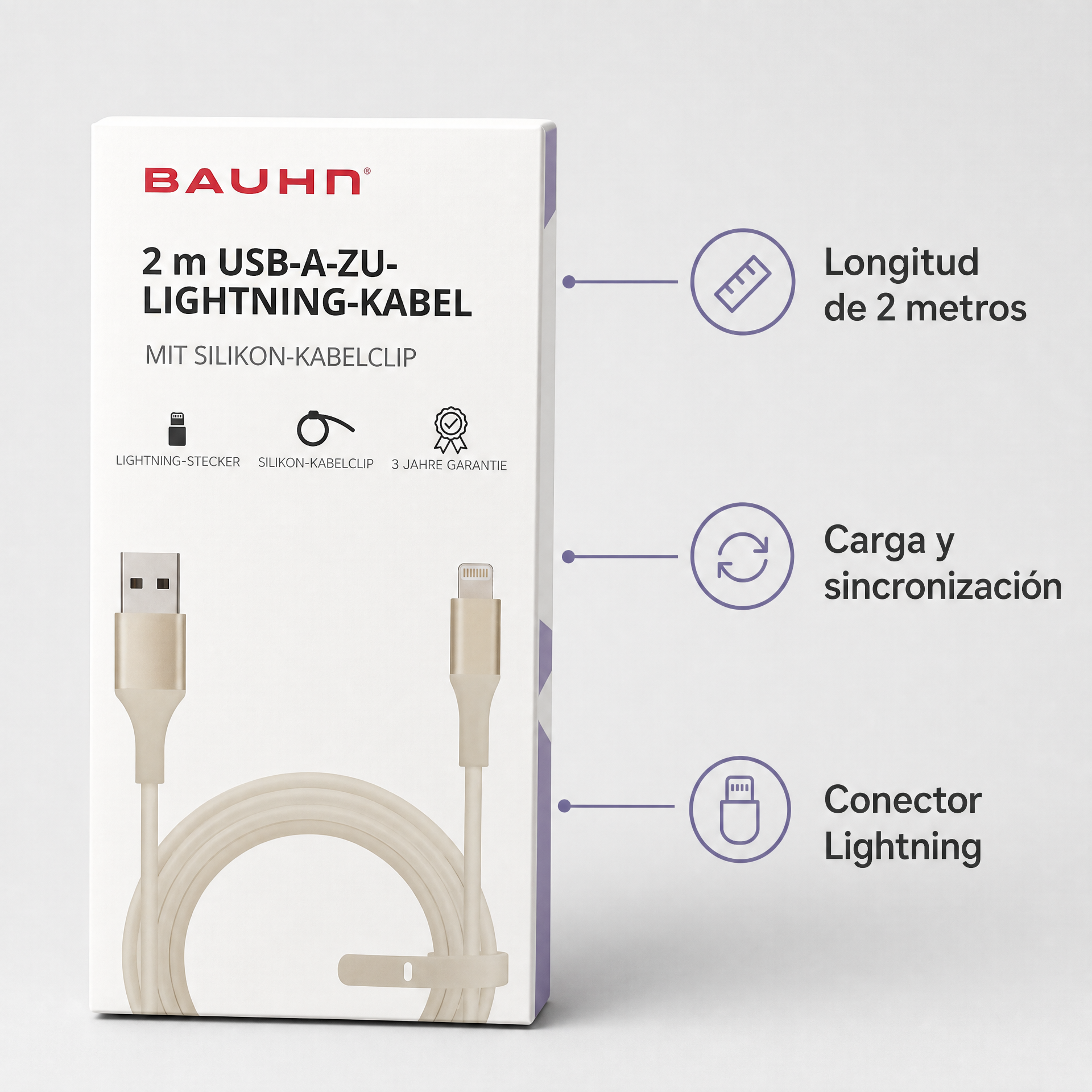 Bauhn Cable USB-A a Lightning 2 m resistente para carga y datos