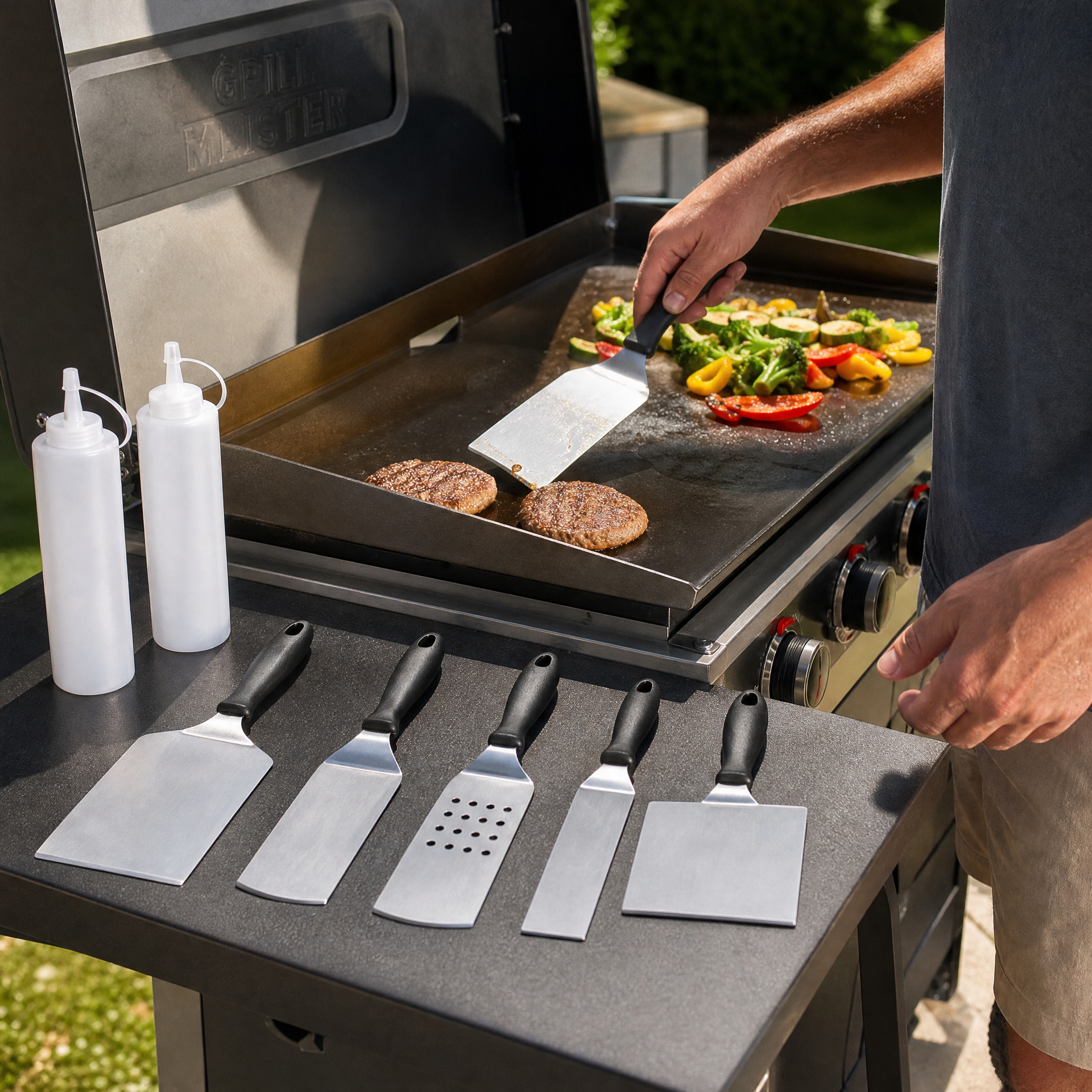 Grill Meister set de espátulas y utensilios para barbacoa con botes exprimidores