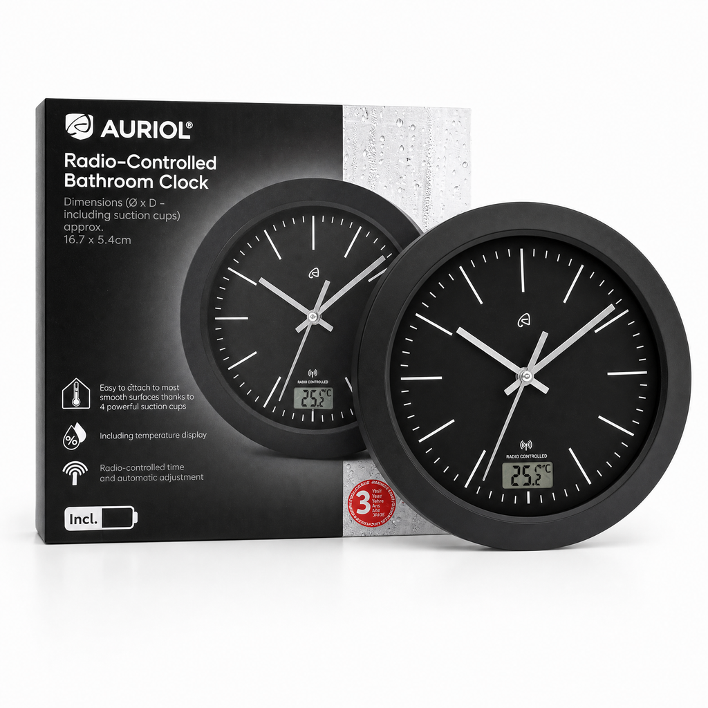Reloj de Baño Radiocontrolado Auriol Negro con Temperatura