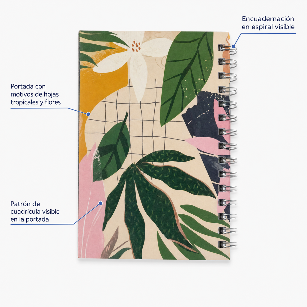 Cuaderno en espiral con portada impresa de hojas tropicales y flores sobre patrón cuadriculado