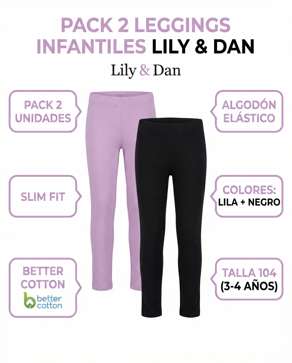 Pack 2 Leggings Infantiles Lily & Dan — Lila y Negro