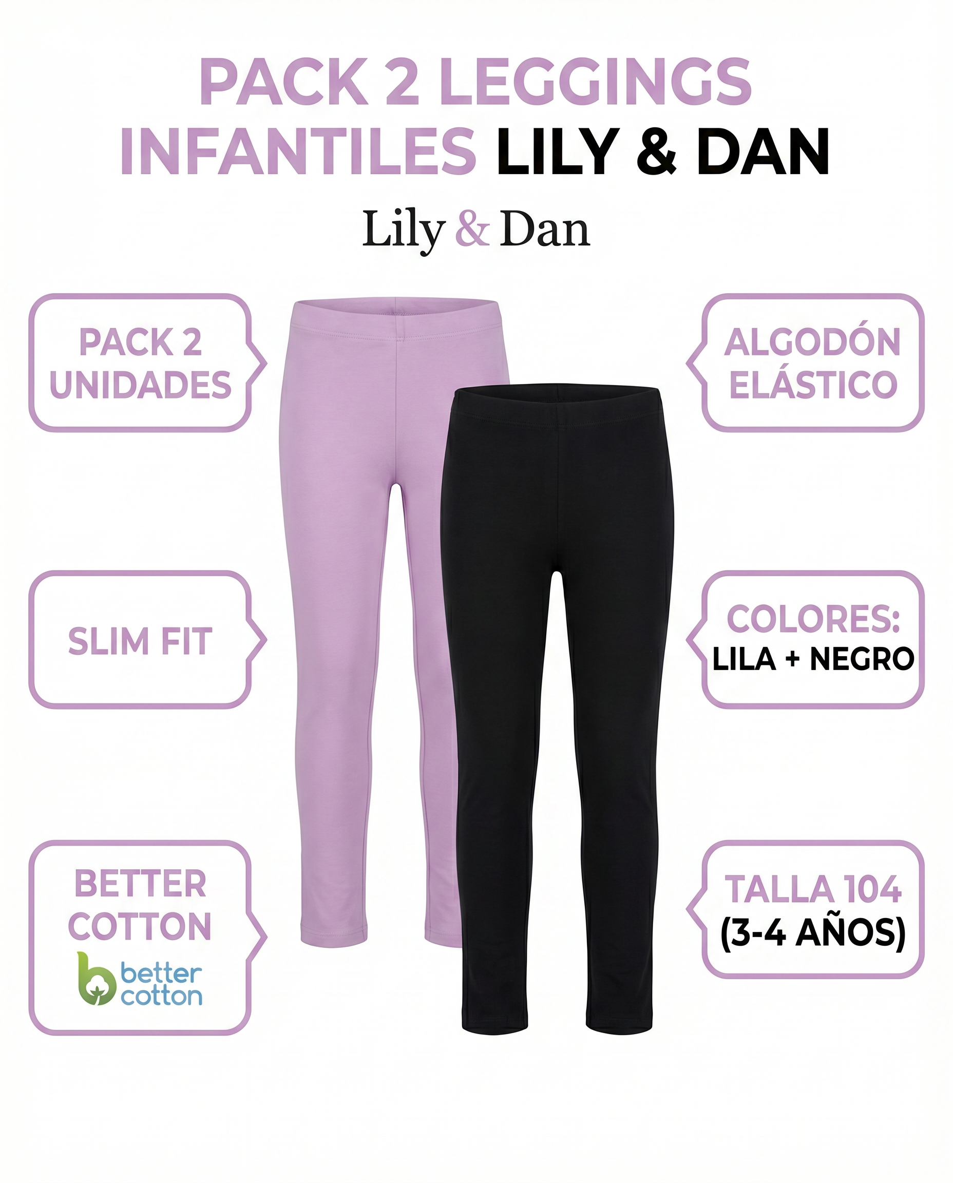 Pack 2 Leggings Infantiles Lily & Dan — Lila y Negro