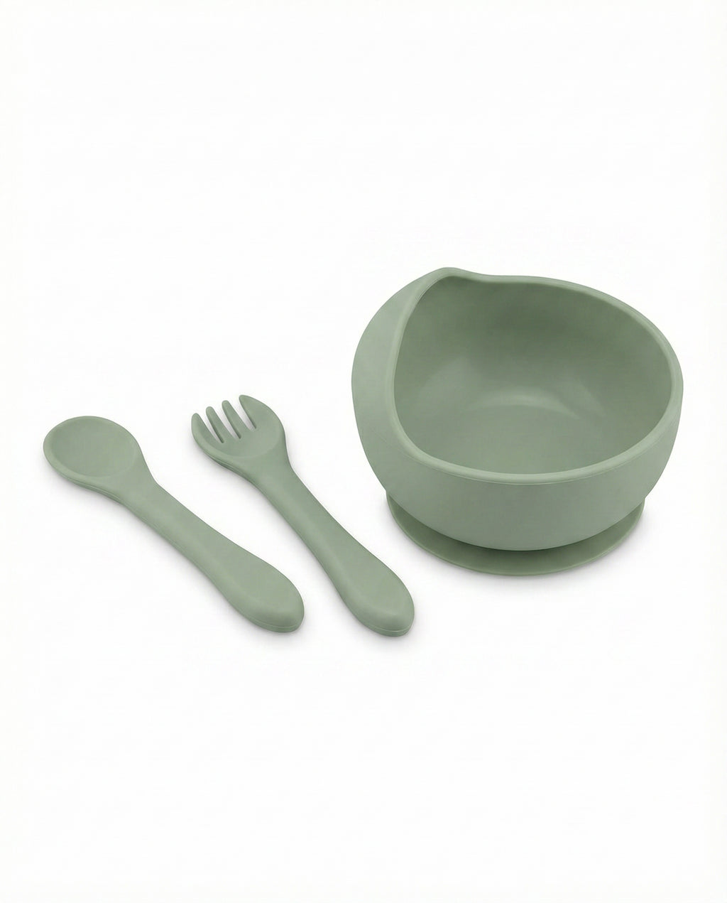 Set Bol Silicona con Ventosa + Cuchara y Tenedor Bebé Verde