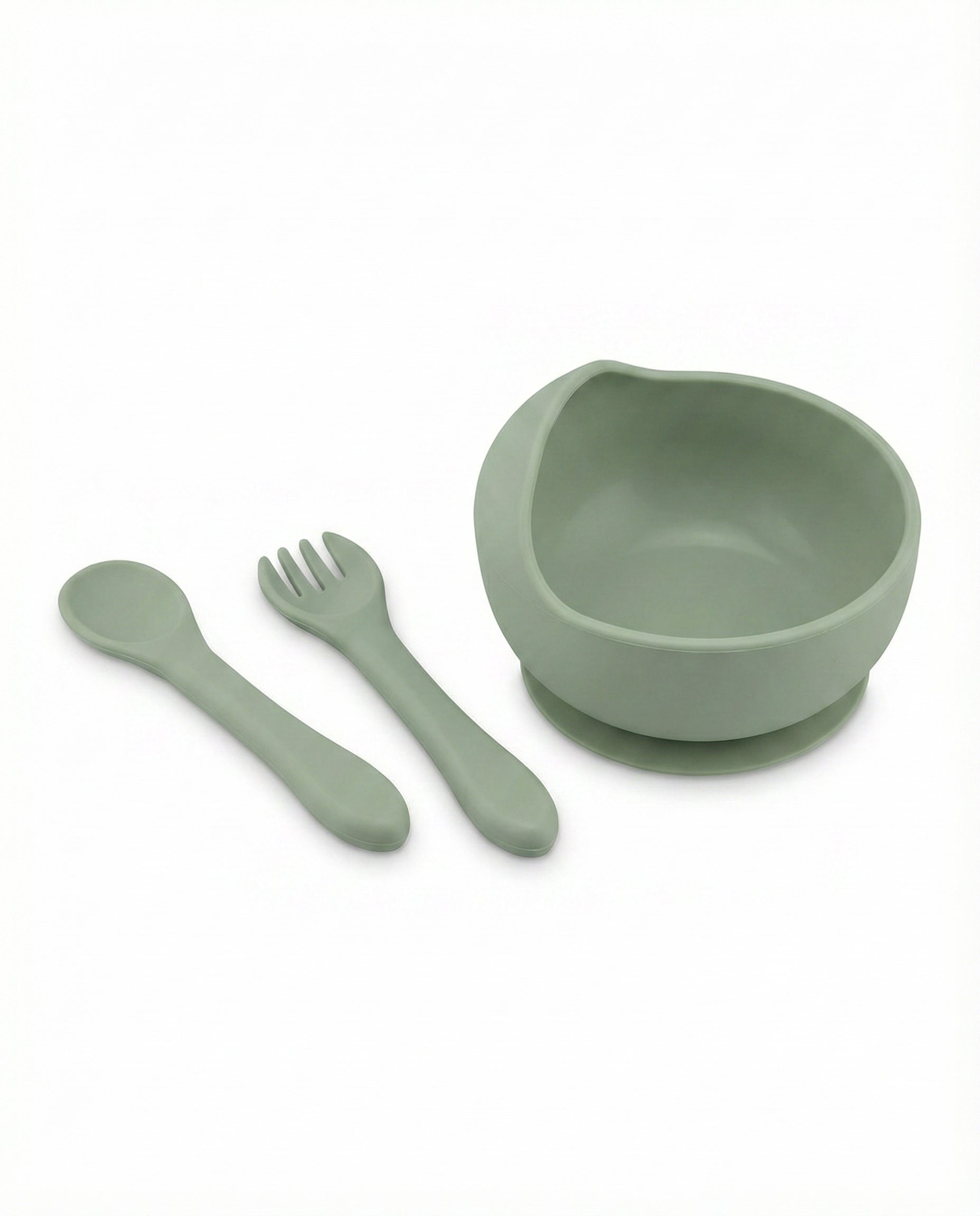 Set Bol Silicona con Ventosa + Cuchara y Tenedor Bebé Verde