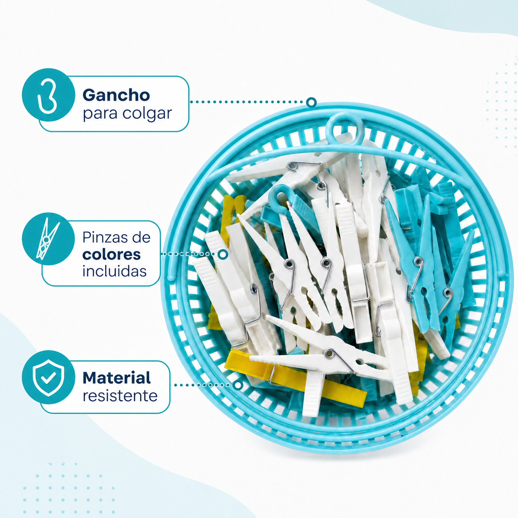 Cesta colgante con gancho y pinzas para ropa en blanco, azul y amarillo