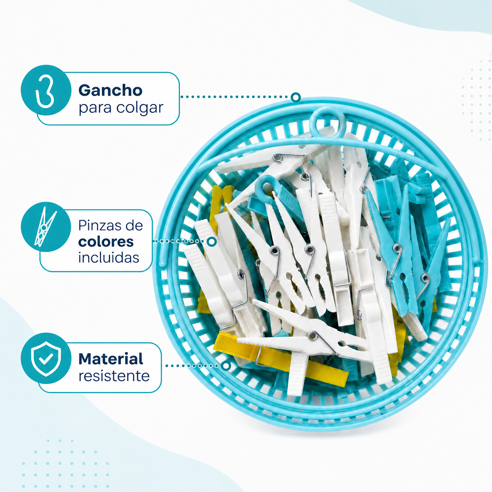Cesta colgante con gancho y pinzas para ropa en blanco, azul y amarillo