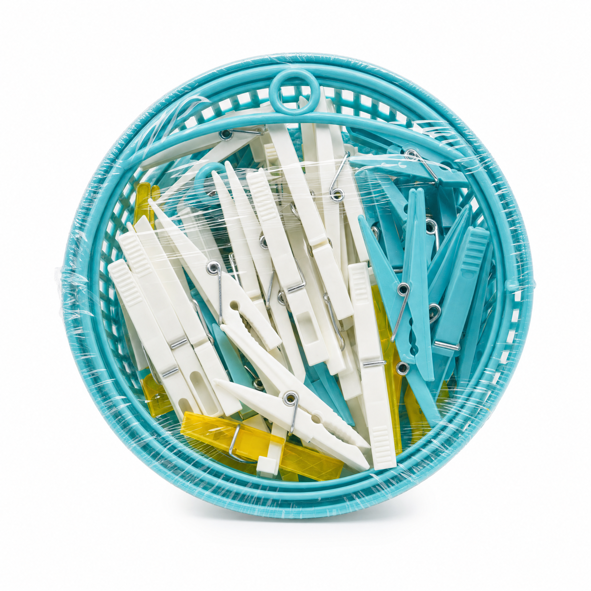 Cesta colgante con gancho y pinzas para ropa en blanco, azul y amarillo
