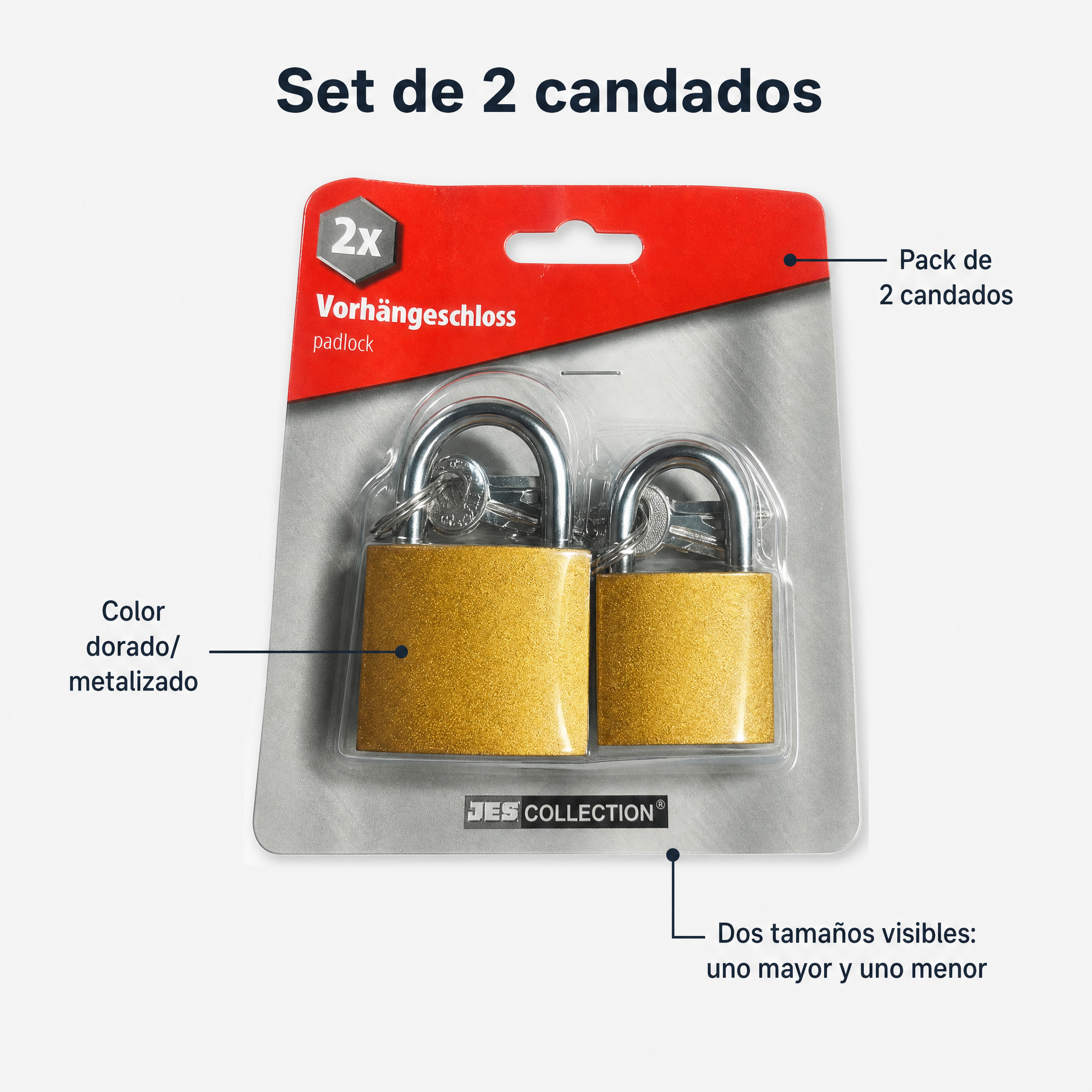 Set de 2 candados dorados, uno grande y uno pequeño, con llaves incluidas