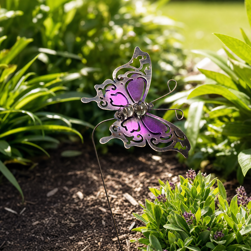 Mariposa decorativa para jardín con estaca metálica y alas moradas