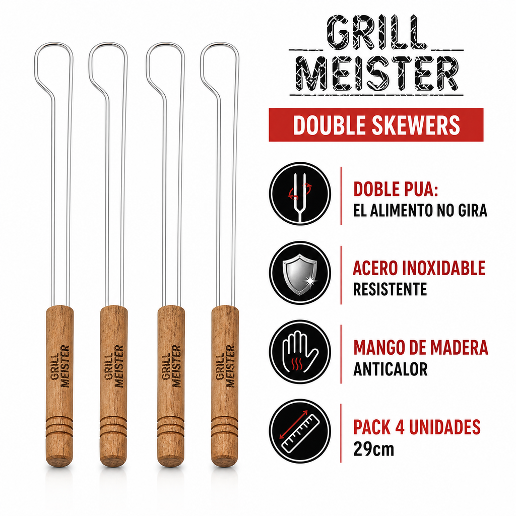 Pinchos Dobles para Barbacoa Grill Meister — Pack 4 Unidades Acero Inoxidable
